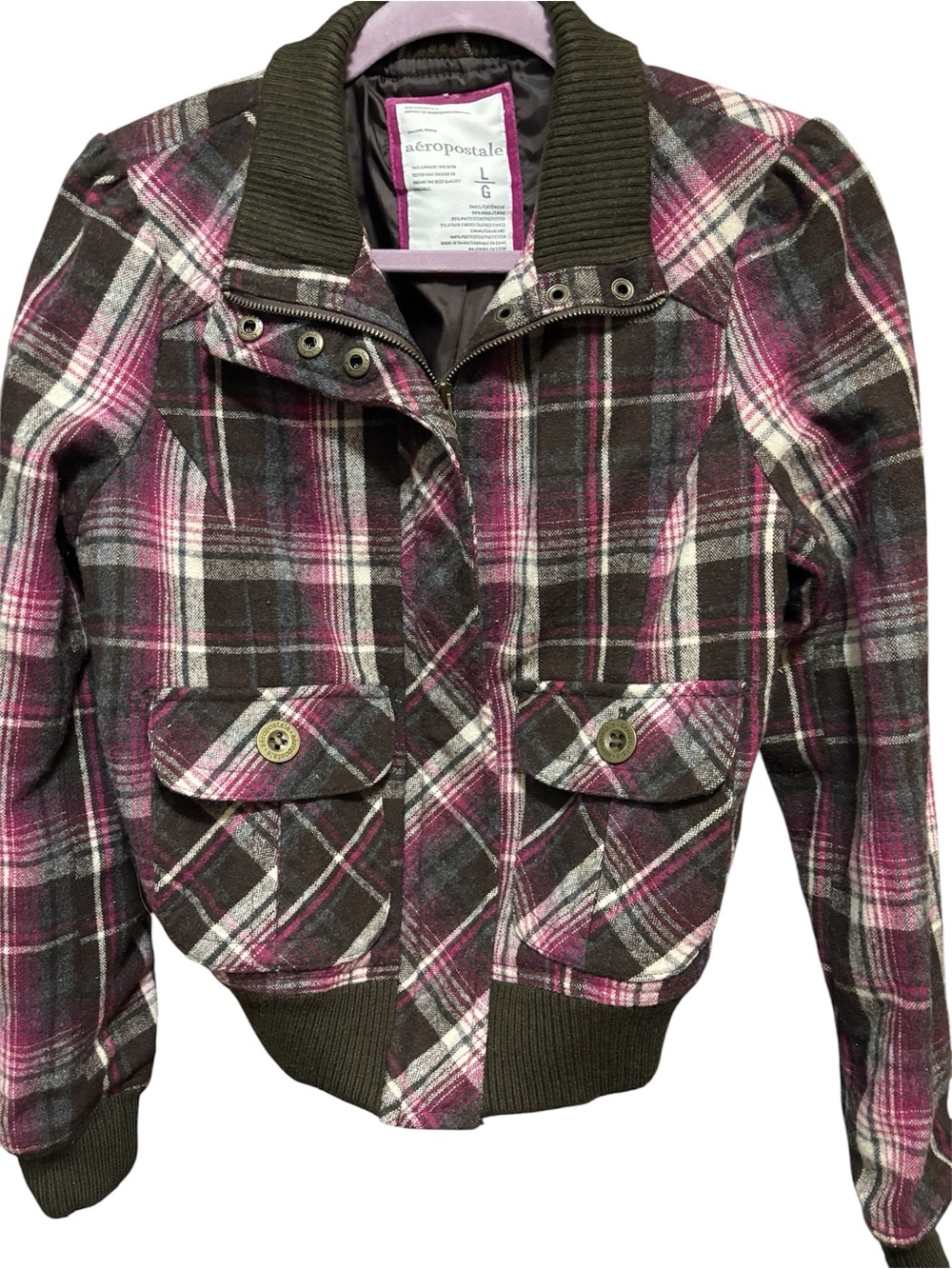 Aeropostale Women’s Pink Plaid Tartan plaid bomber jacket